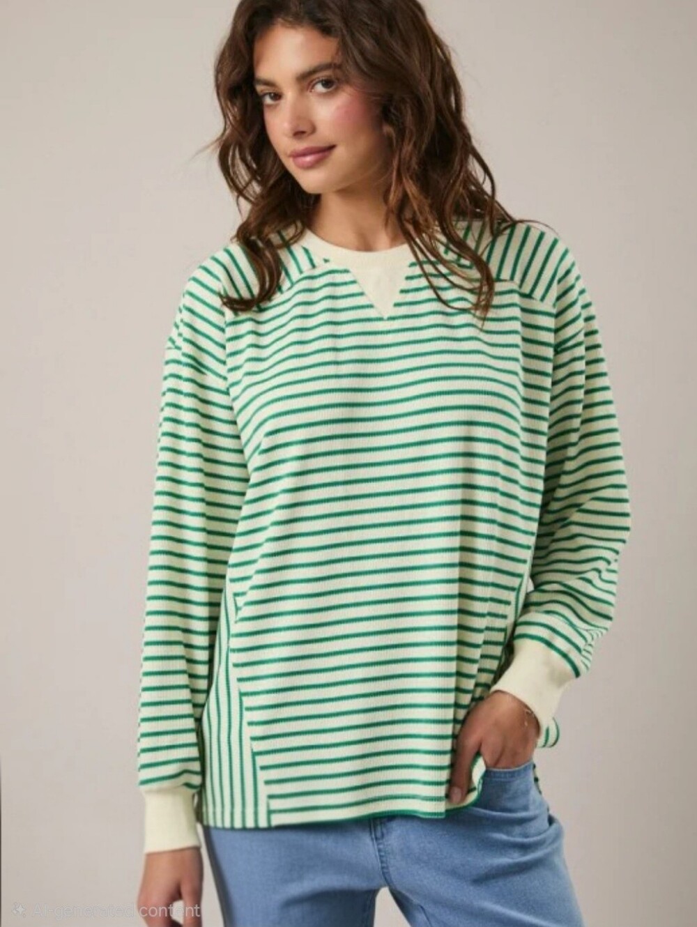 Striped Green Thermal Crewneck Pullover Top - Women